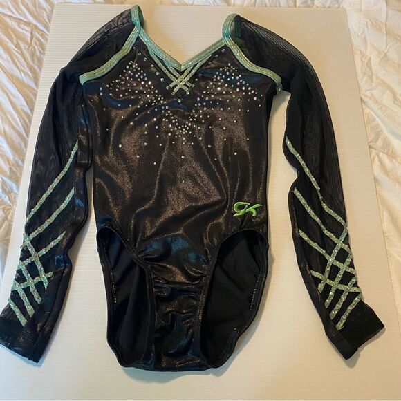 GK elite custom gymnastics competition leotard long sleeve rhinestones mesh LC - Picture 3 of 11
